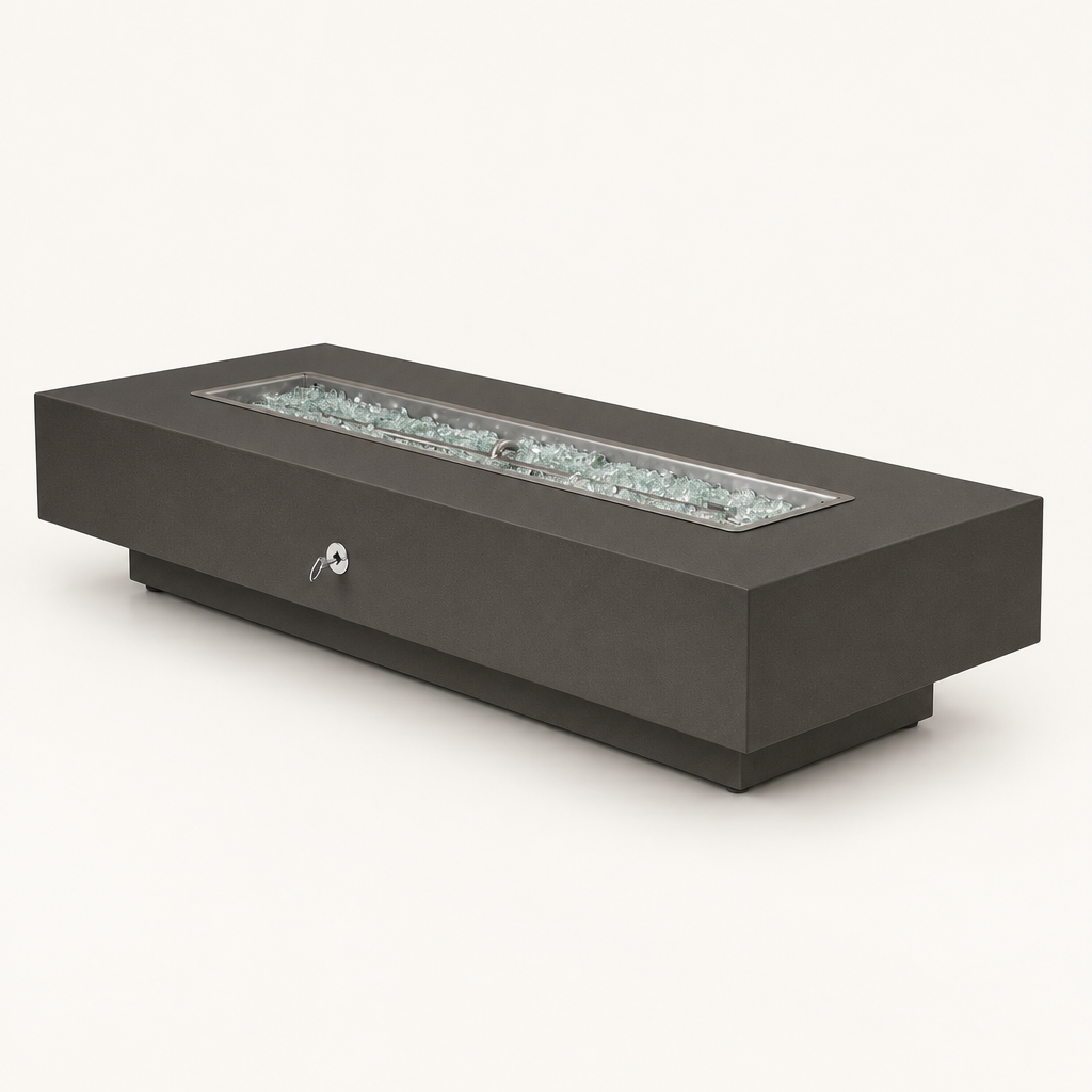 A modern rectangular outdoor fire pit table with a matte black finish, featuring a glass wind guard and decorative glass stones inside, shown on a light gray background.