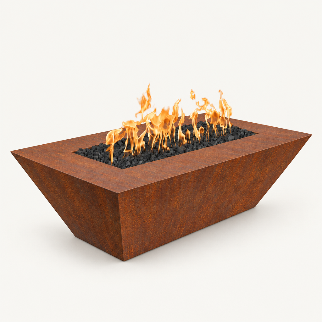 Corten steel fire pit on a light background