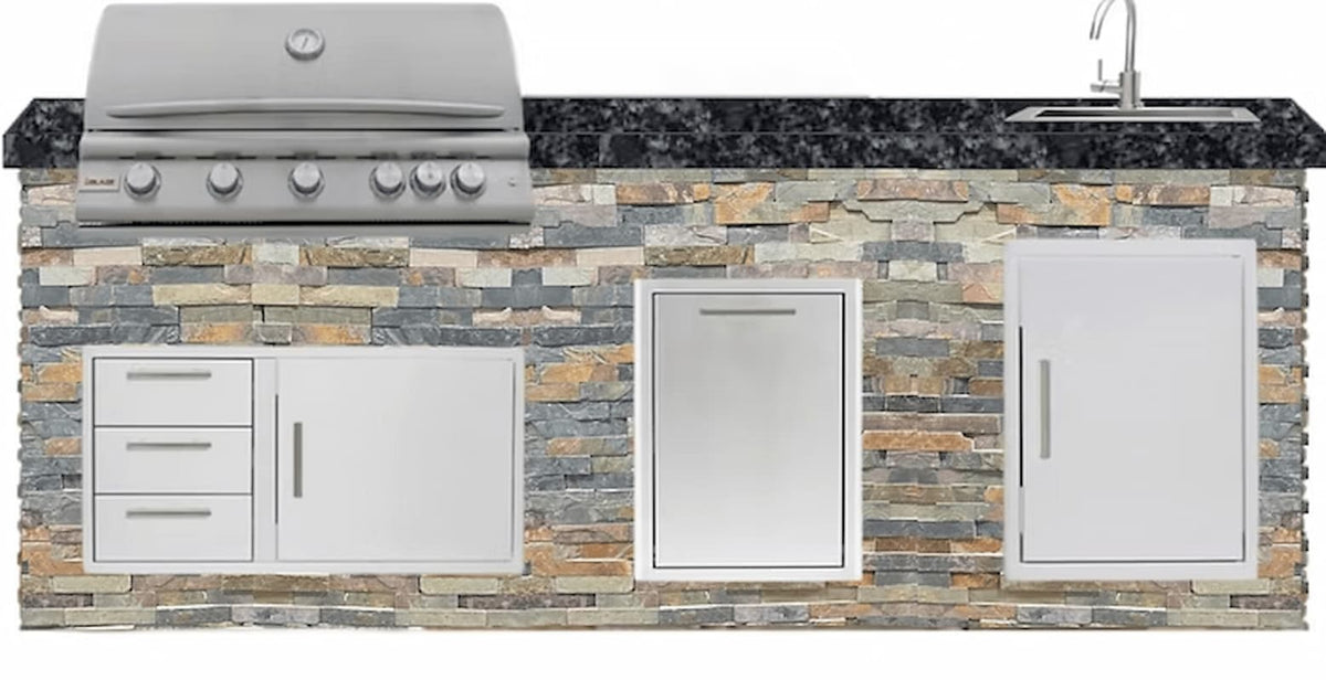 Outdoor kitchen counter with stone facade, grill, and cabinets.