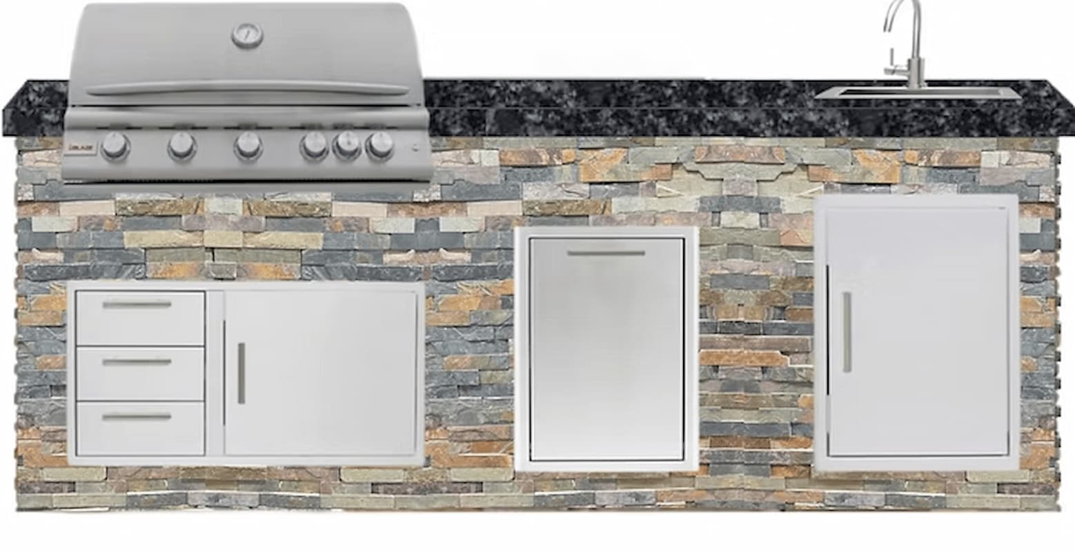Outdoor kitchen counter with stone facade, grill, and cabinets.