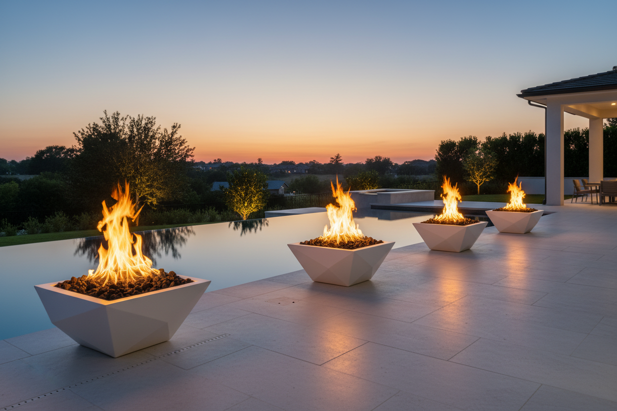 Three modern square fire pits with glowing flames are arranged on a light stone patio beside an infinity pool at sunset, with a house and trees in the background.