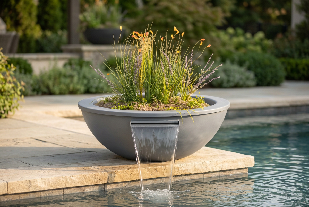 Gray Sedona Planter & Water Bowl with its original planting and water flowing into a pool beside a limestone terrace