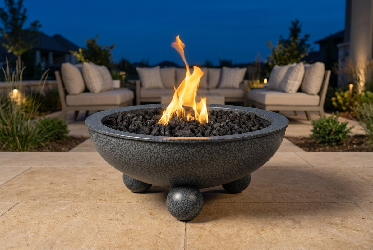 Grey Vein Sedona Fire Bowl with Round Legs on an outdoor terrace