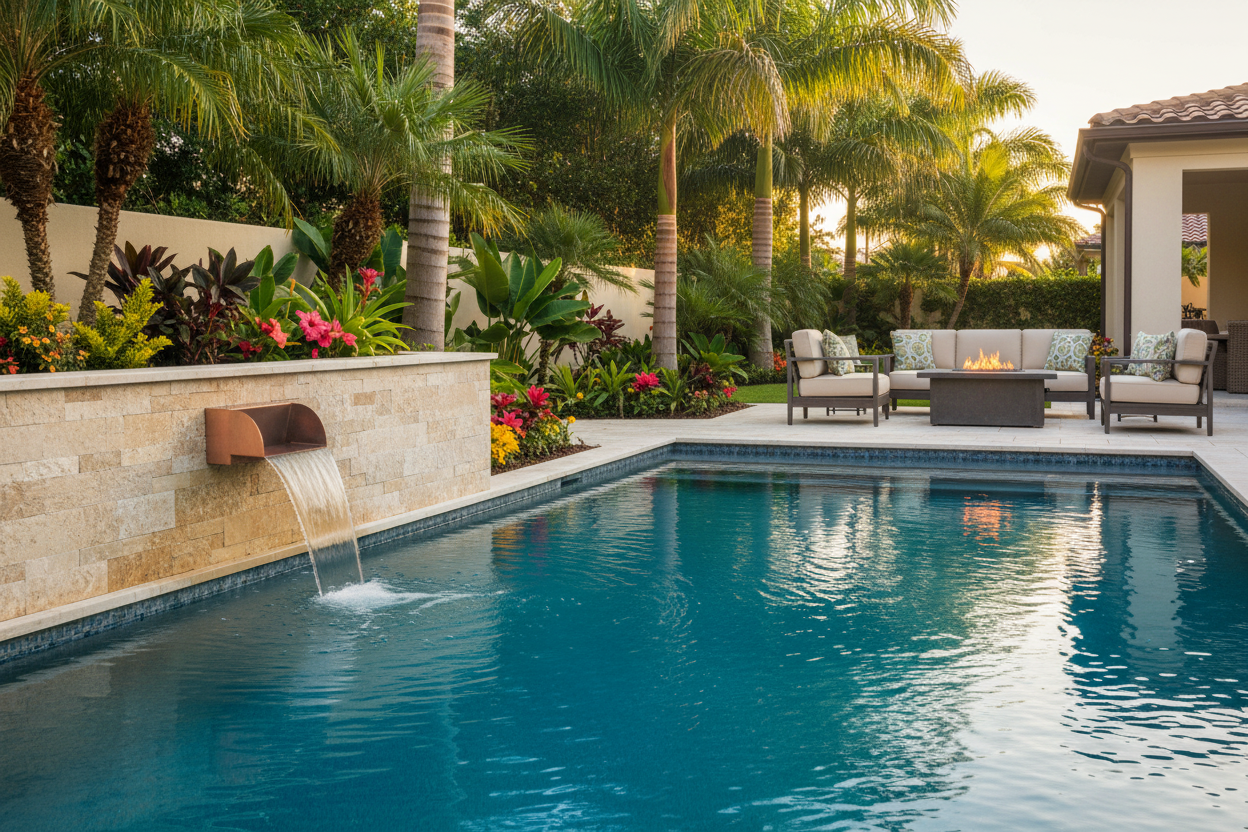 Copper scupper water feature installed in luxury backyard