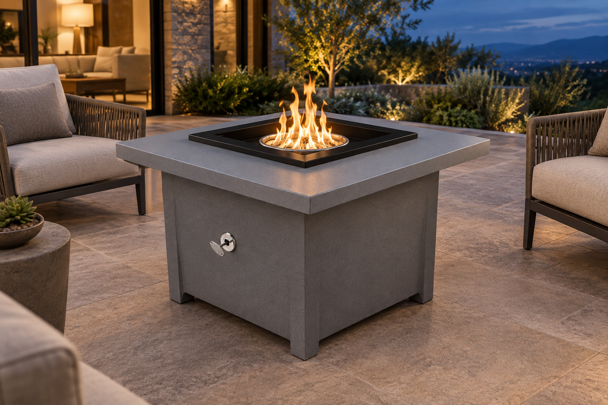 Kamoa fire table in Rock Gray on an outdoor terrace