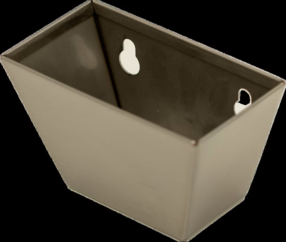 A square metal mounting bracket or connector with a matte gray finish, featuring two circular cutouts on the inner walls, shown against a solid black background.