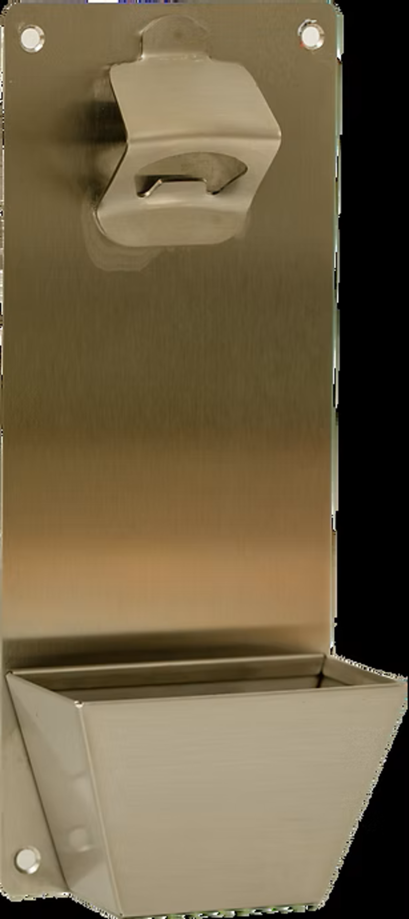 A brushed stainless steel wall-mounted sink or drain assembly with a pop-up cover and a rectangular drain opening below, shown against a black background.