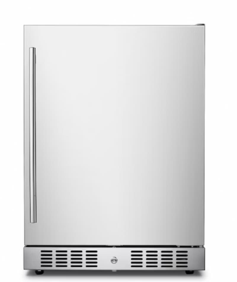 A stainless steel undercounter refrigerator with a single vertical handle and a vented base, shown against a plain white background.
