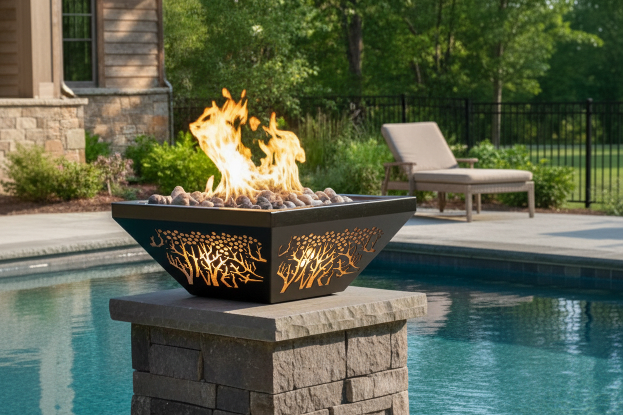 A square black outdoor fire pit table with glowing orange flames and decorative cutout patterns, set on a stone pillar beside a swimming pool with a patio chair and trees in the background.