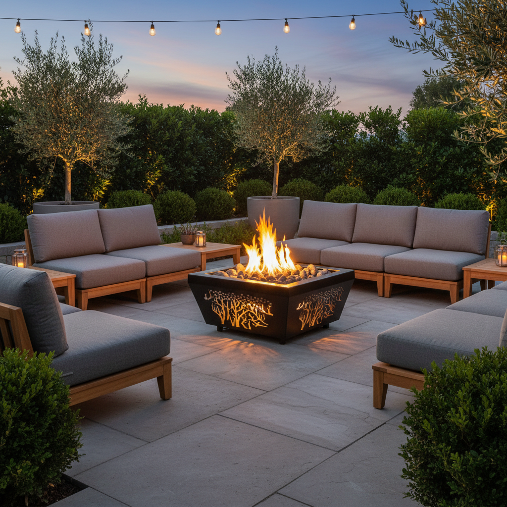 Outdoor patio conversation set with a black metal fire pit featuring a glowing flame, surrounded by light wood frames and gray cushions, set on a stone patio at dusk.