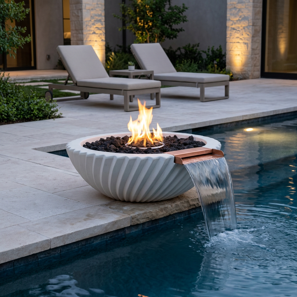 Limestone Sedona 2.0 Fire & Water Bowl beside a pool at dusk