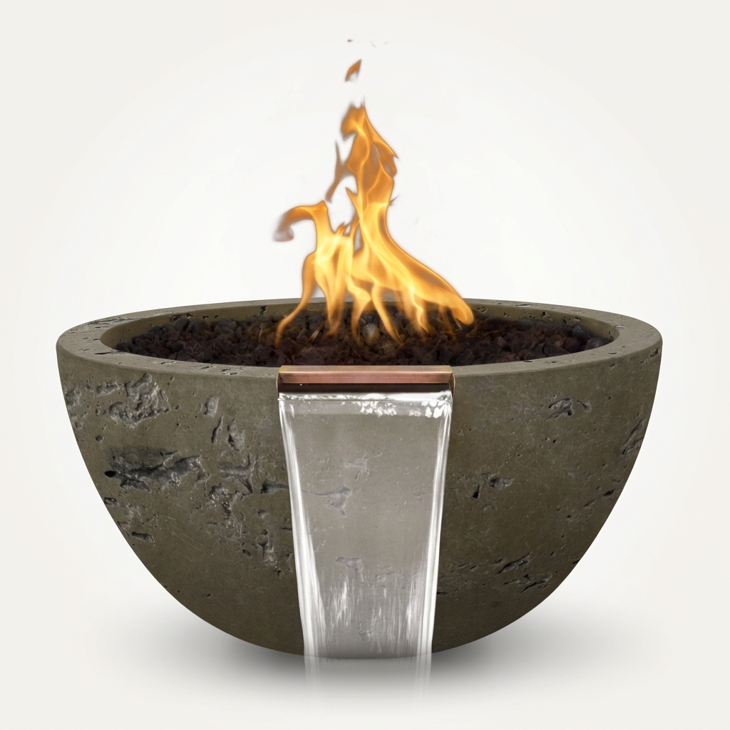 Luna GFRC Fire & Water Bowl in Rustic Moss Stone
