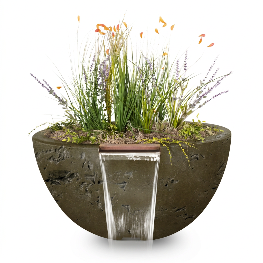 Luna GFRC Planter & Water Bowl in Rustic Moss Stone