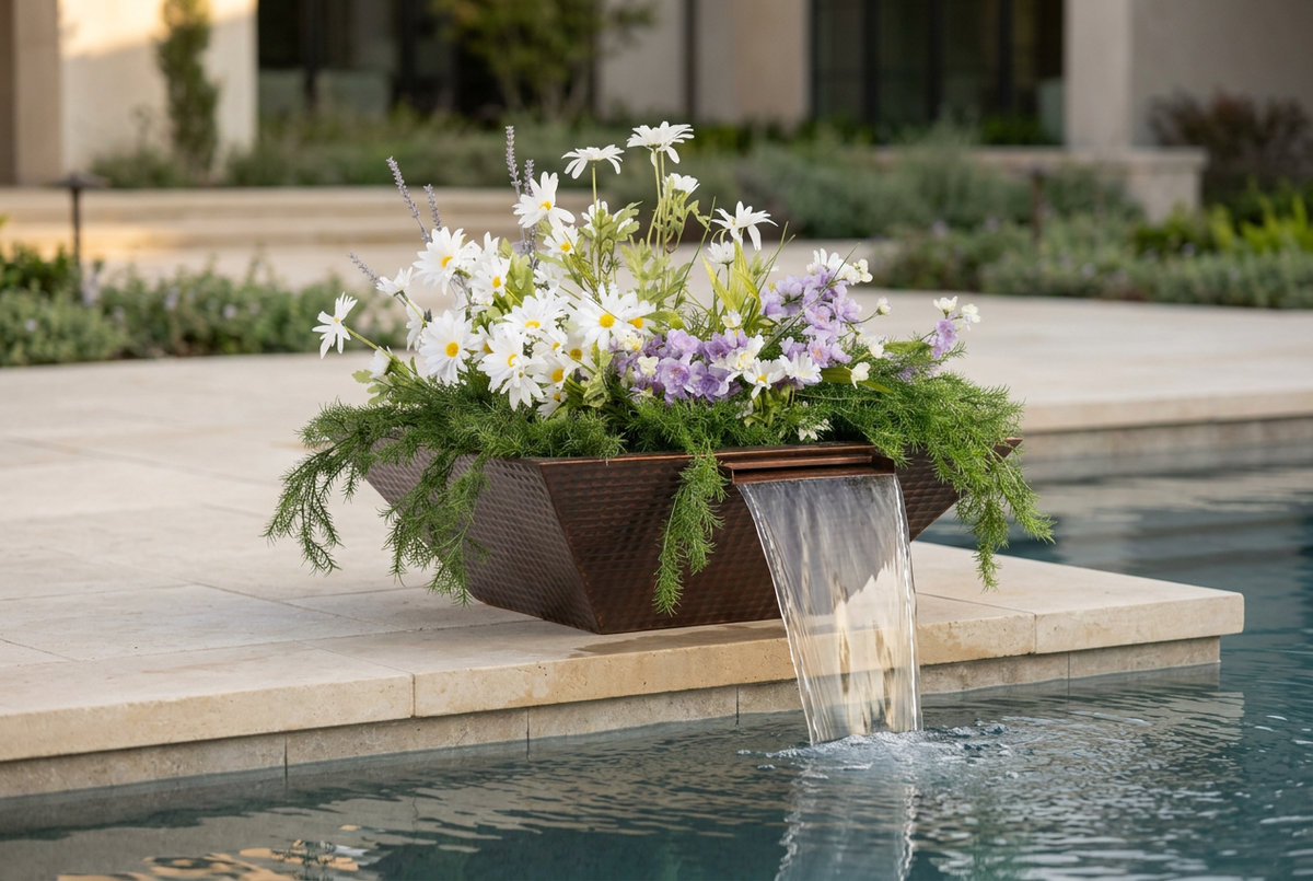 Maya Copper Planter & Water Bowl with flowers beside a pool