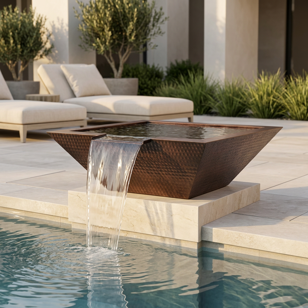 Maya Hammered Copper Water Bowl in a poolside lifestyle setting