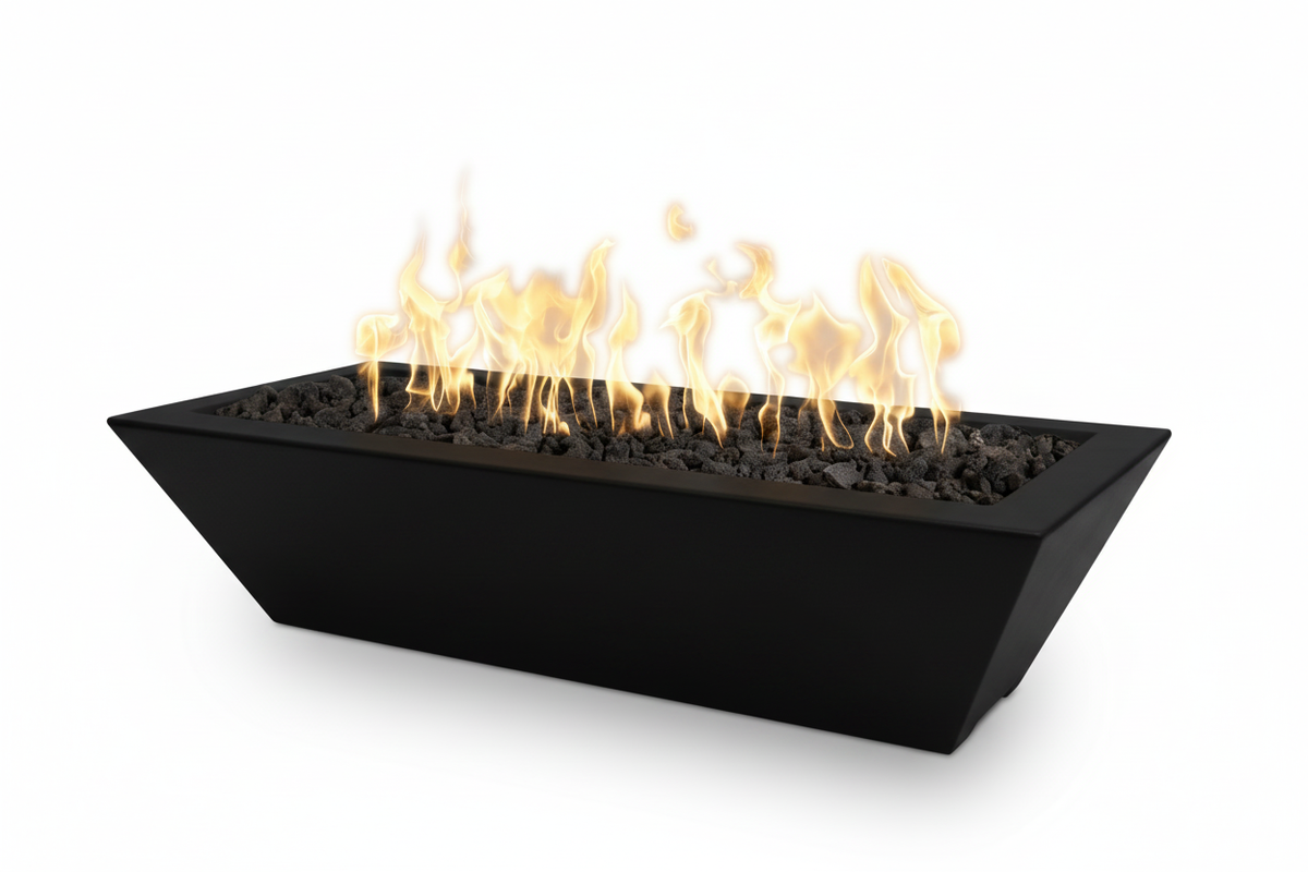 A modern rectangular black fire pit with glowing orange and yellow flames, filled with dark decorative stones, shown on a clean white background.