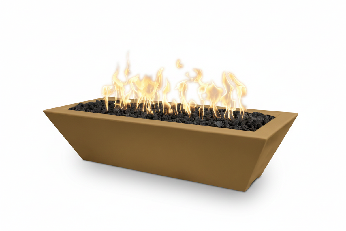 A rectangular outdoor fire pit with a warm tan-brown metal frame, filled with black decorative stones and active yellow-orange flames, shown on a plain white background.