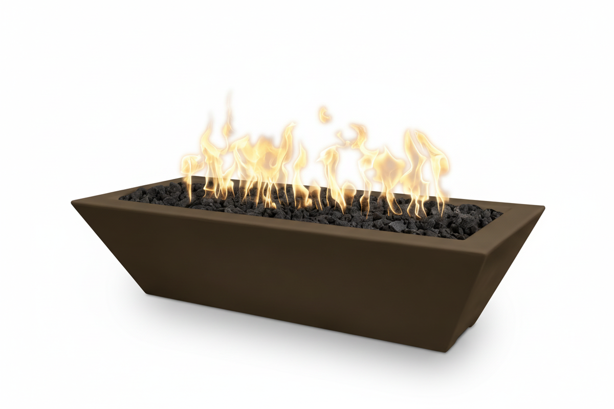 A rectangular outdoor fire pit with a dark brown matte finish, filled with black stones and active orange and yellow flames, shown on a solid white background.