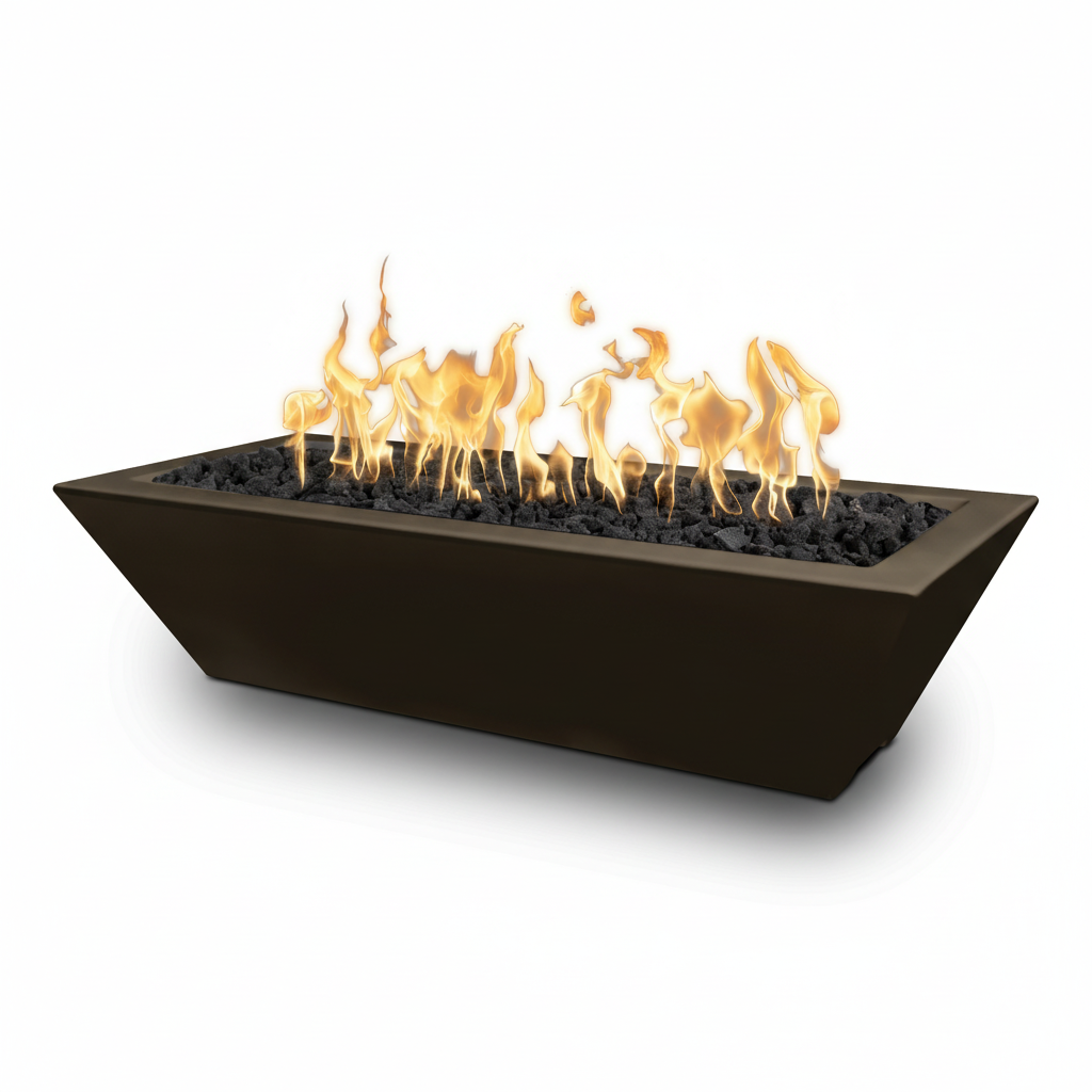 Bronze fire pit with flames on a white background