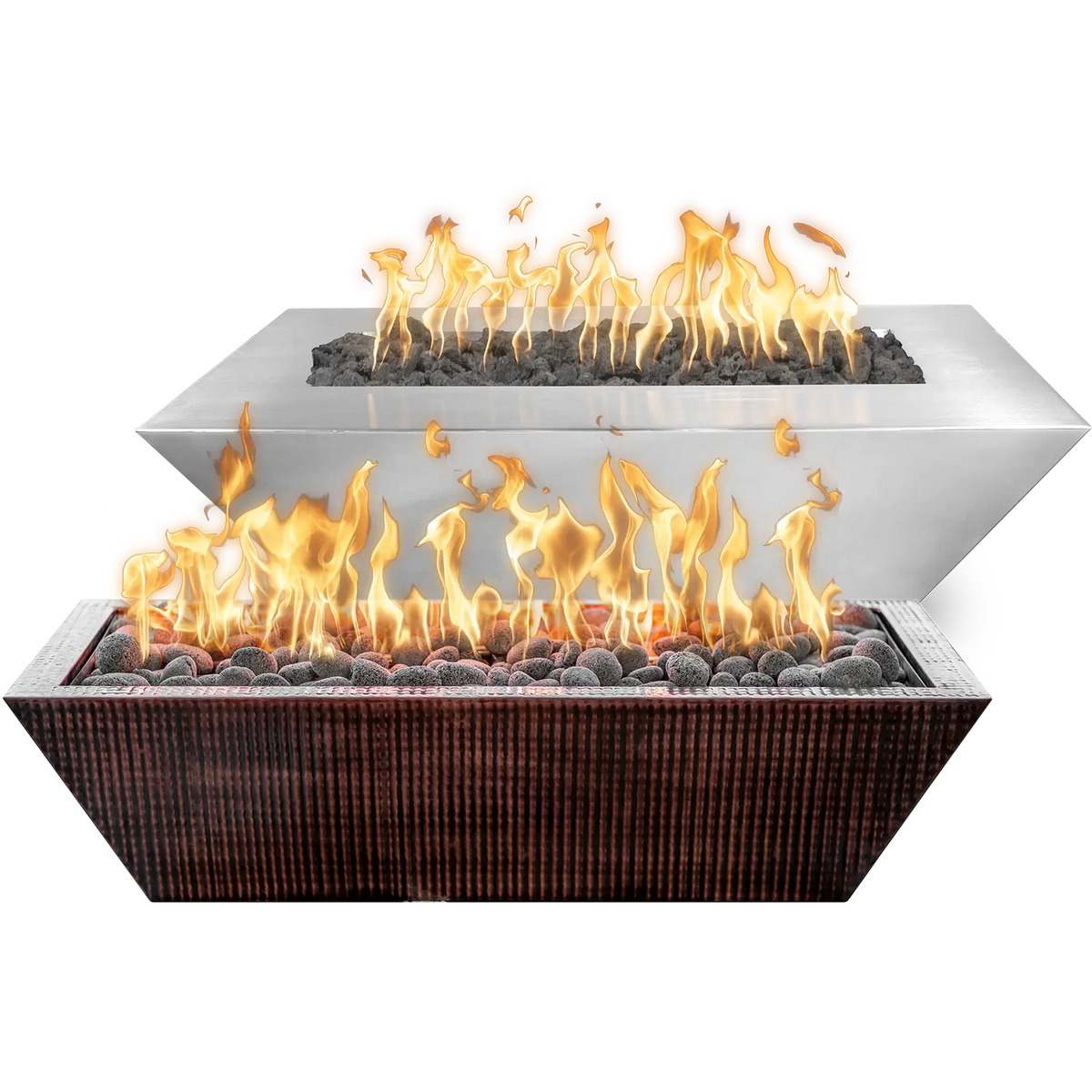 Hexagonal gas fire pit with flames on a white background