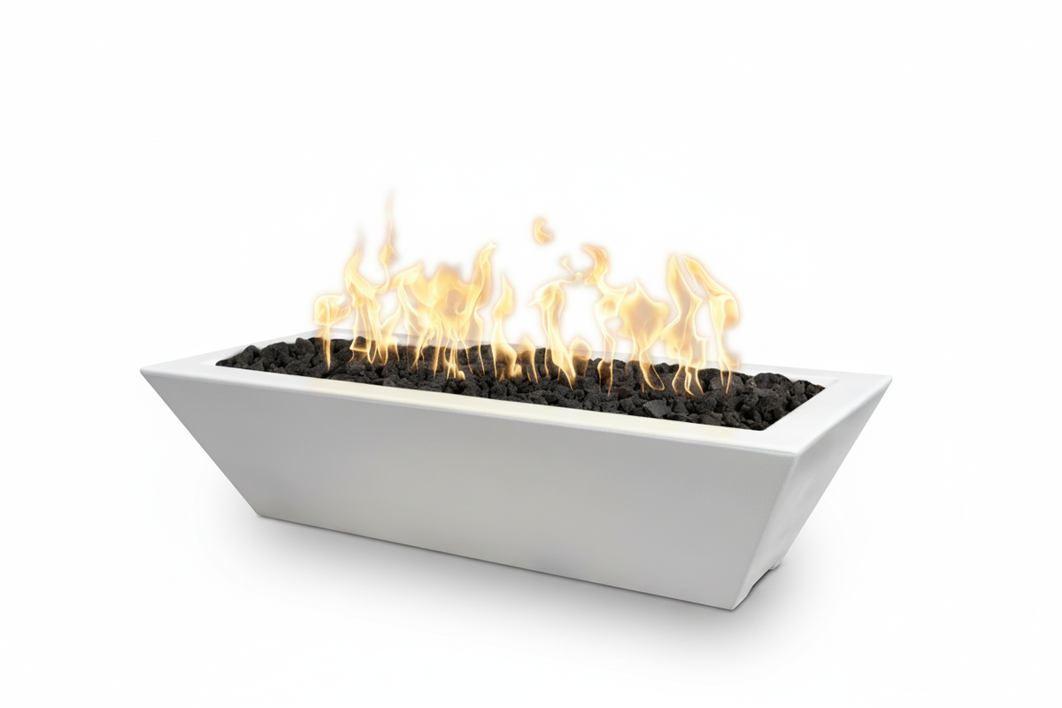 A modern rectangular outdoor fire pit with a white concrete-look body, black stones, and active orange and yellow flames, shown on a clean white background.