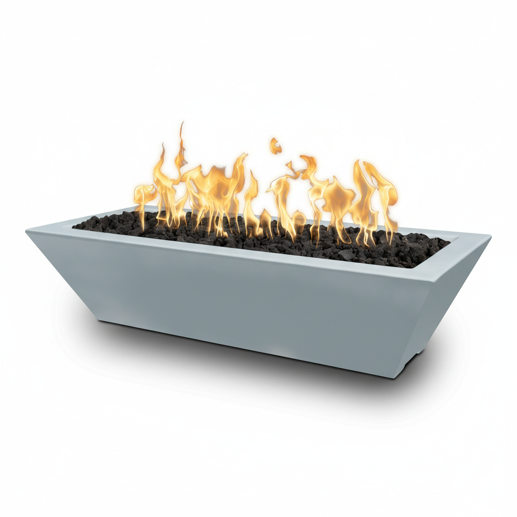 A modern rectangular outdoor fire pit with a light gray concrete-look planter, black fire stones, and glowing orange and yellow flames, shown on a clean white background.