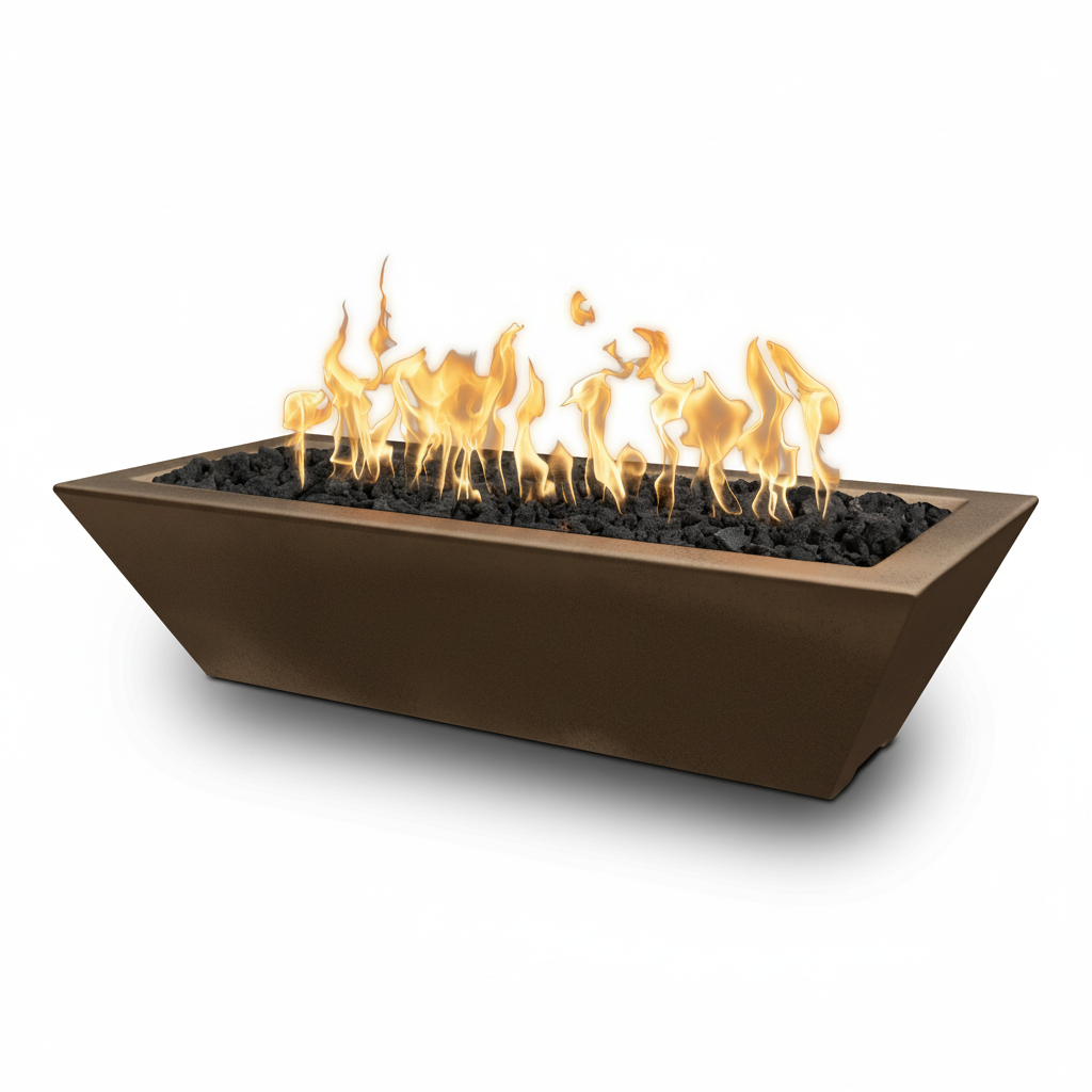 A rectangular bronze fire pit with black river rocks and active orange and yellow flames, shown on a clean white background.