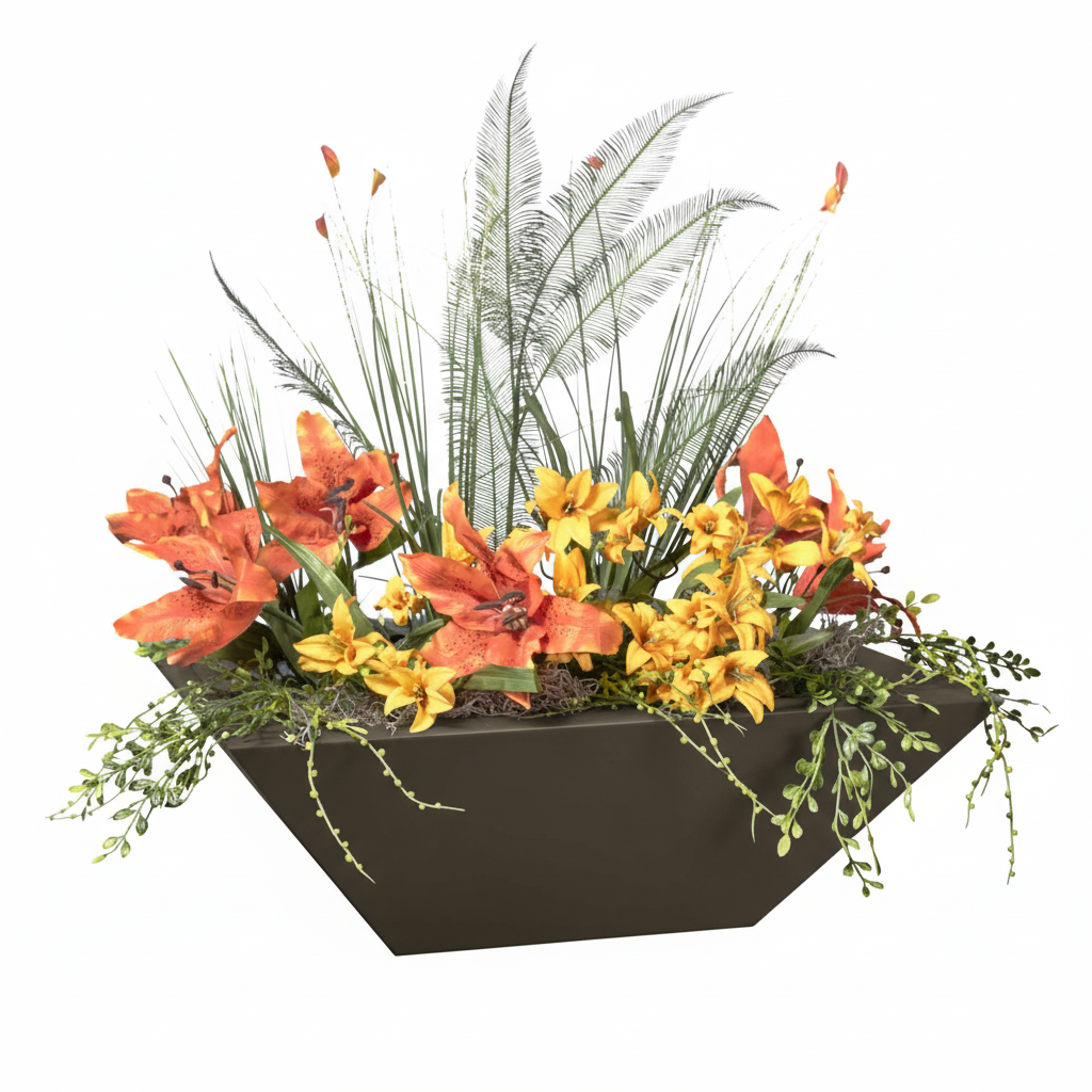 An artificial floral arrangement in a dark gray geometric planter box, featuring orange lilies, yellow flowers, green foliage, and palm-leaf accents, isolated on a white background.