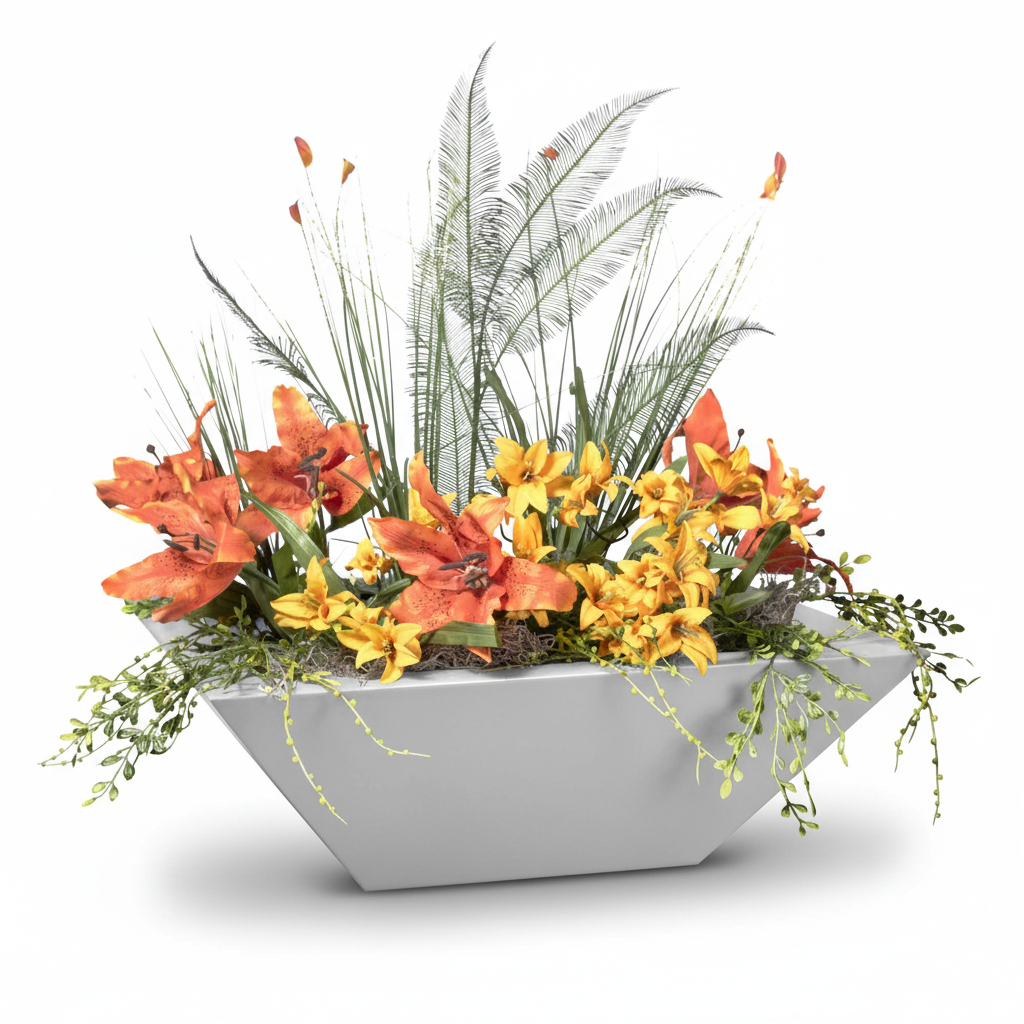 A modern gray geometric planter filled with a dense arrangement of orange lilies, yellow flowers, green ornamental grasses, and delicate trailing vines, shown on a clean white background.