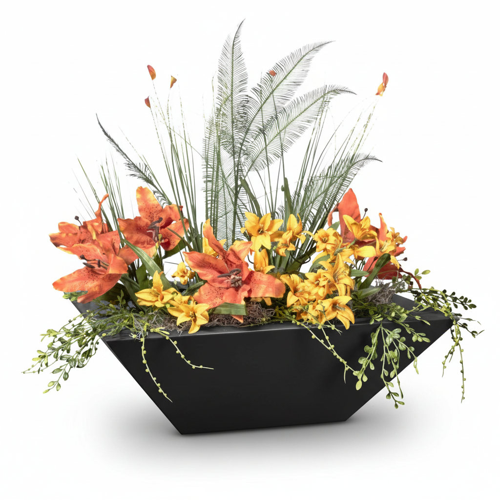 A modern black geometric planter filled with a vibrant artificial floral arrangement featuring orange and yellow lilies, green foliage, and tall silver-green fronds, set against a plain white background.