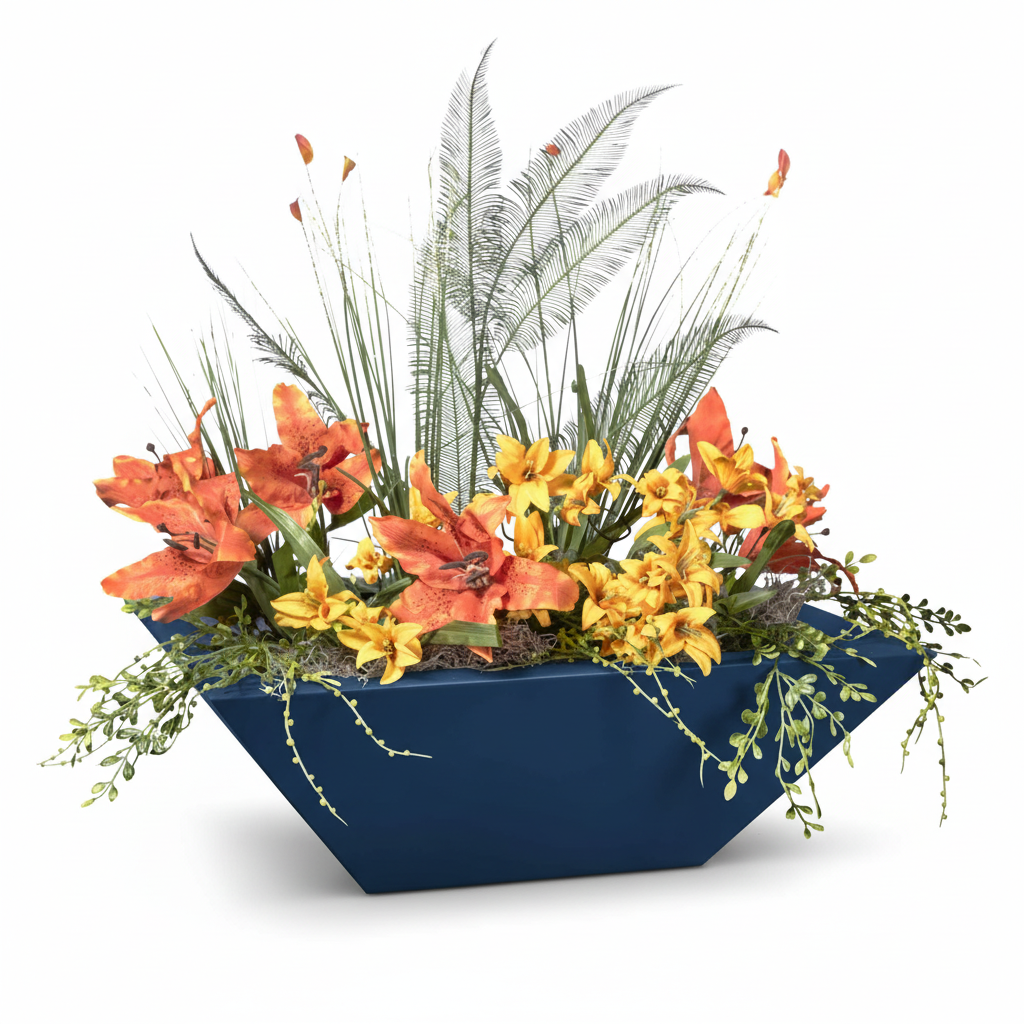 A modern geometric navy blue planter filled with a dense arrangement of orange and yellow lilies, green foliage, and tall feathery palm leaves, shown on a clean white background.
