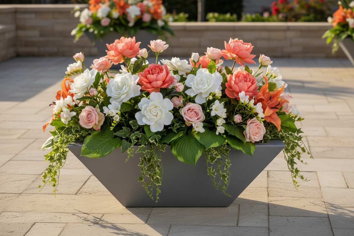 A large geometric gray planter filled with a dense arrangement of artificial flowers in white, coral, peach, and pink, with green foliage, set on a light stone patio.