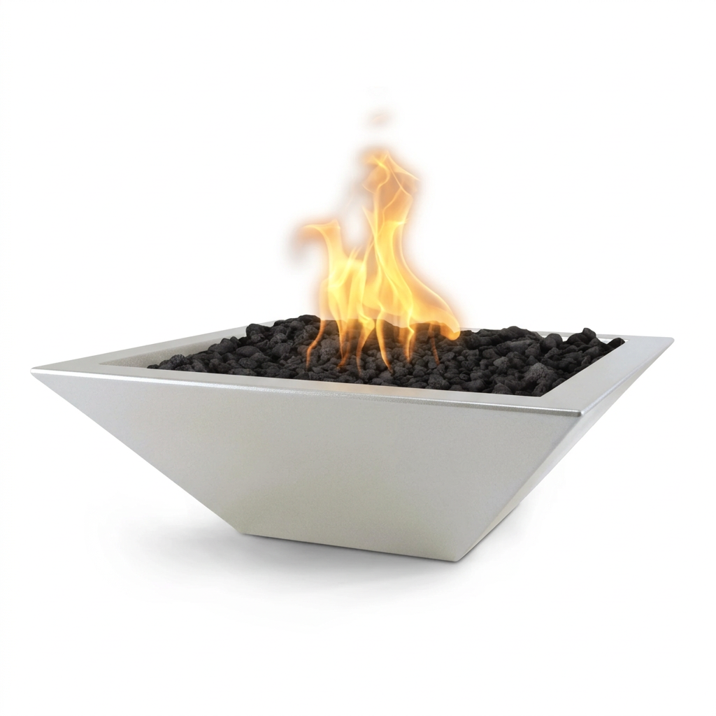 Maya square GFRC fire bowl in Metallic Pearl
