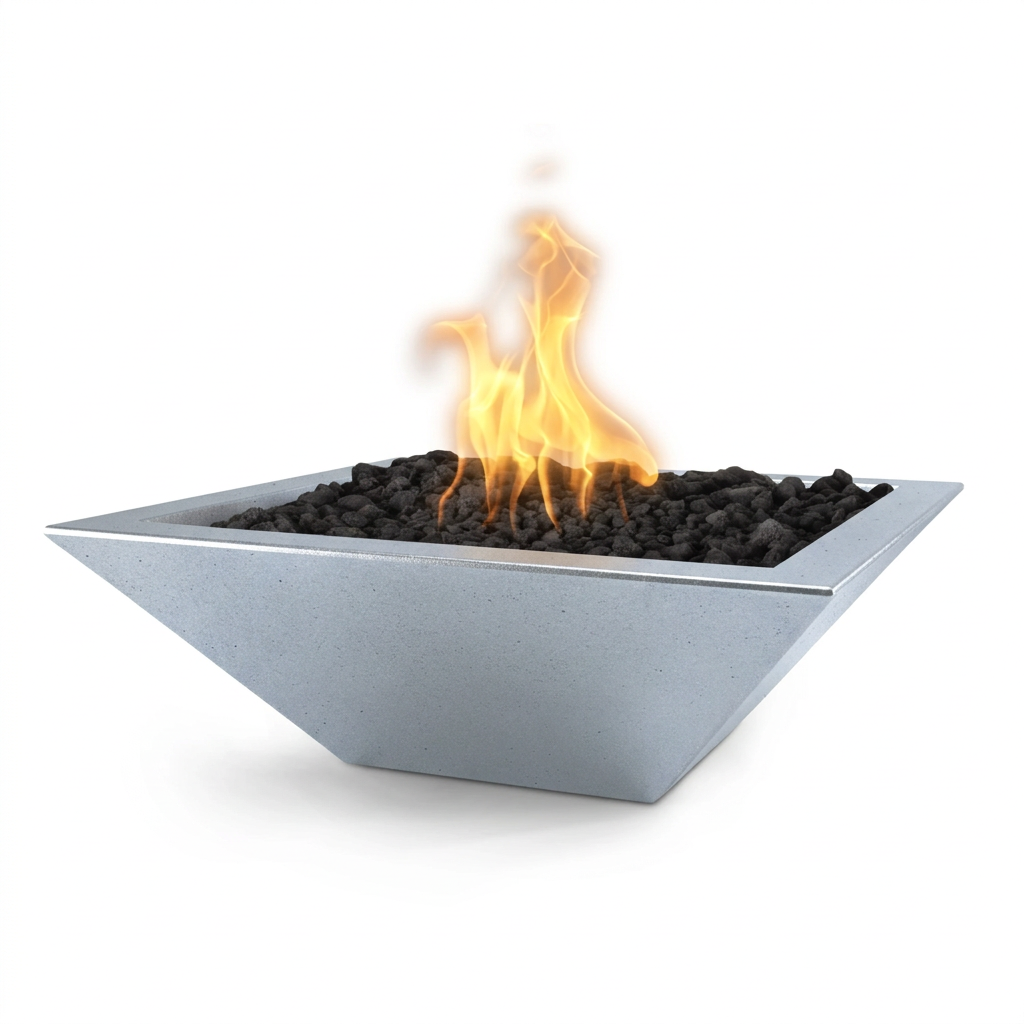 Maya square GFRC fire bowl in Metallic Silver