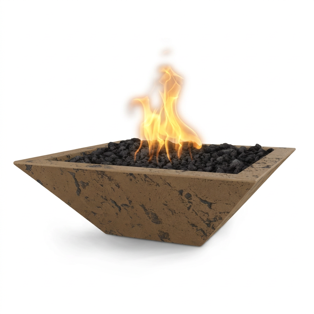 Maya square GFRC fire bowl in Rustic Coffee