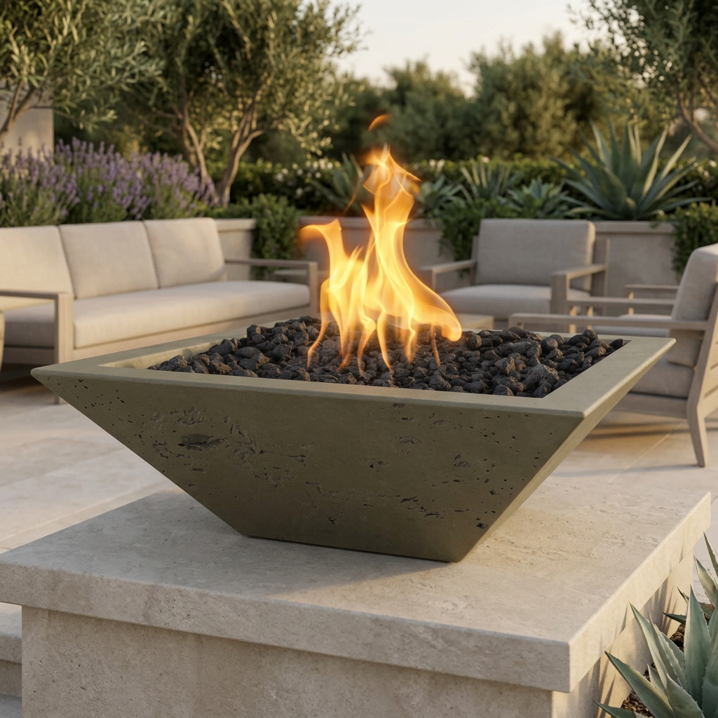 Maya square GFRC fire bowl in Rustic Moss Stone on an outdoor terrace