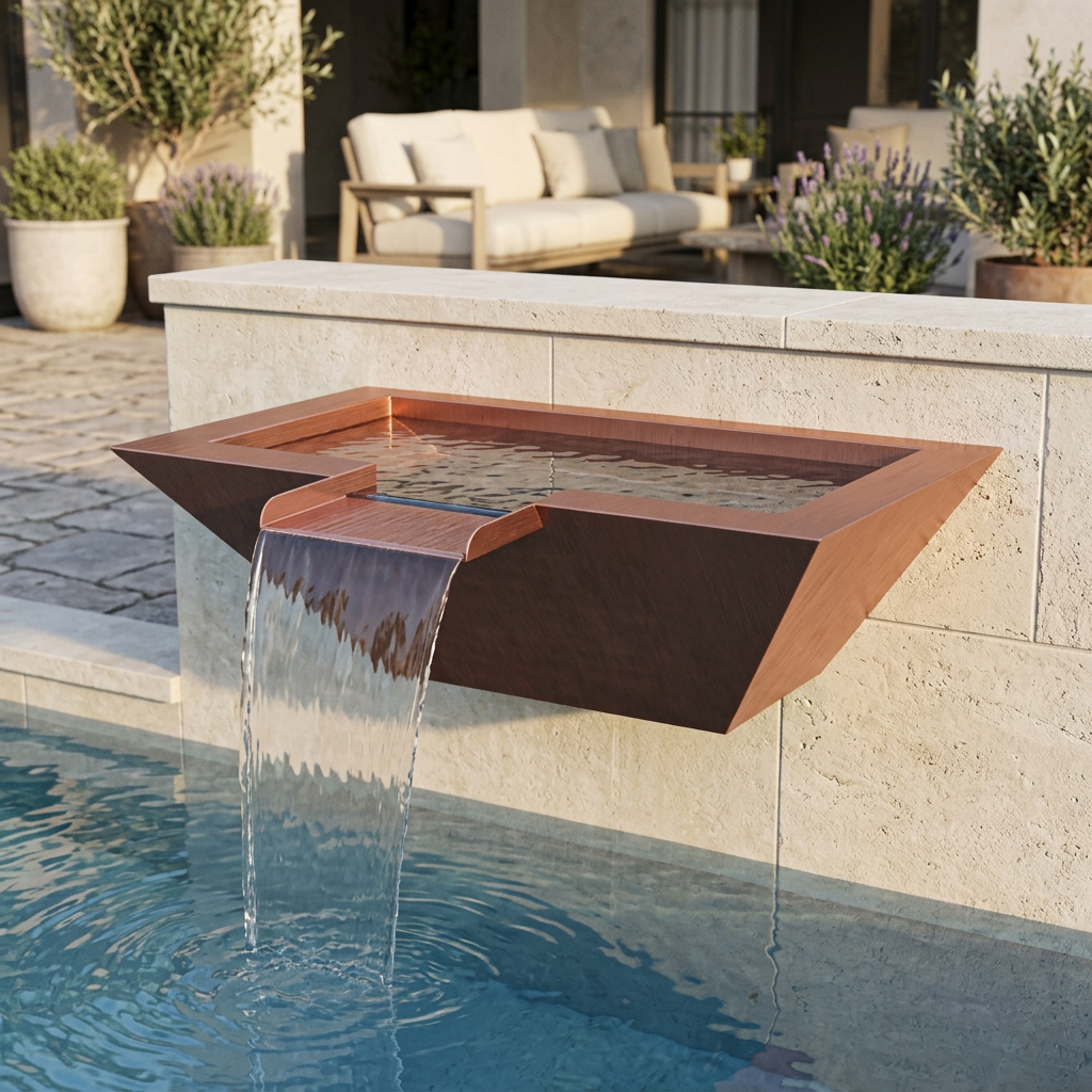 Maya wall-mounted copper water bowl in a poolside lifestyle setting