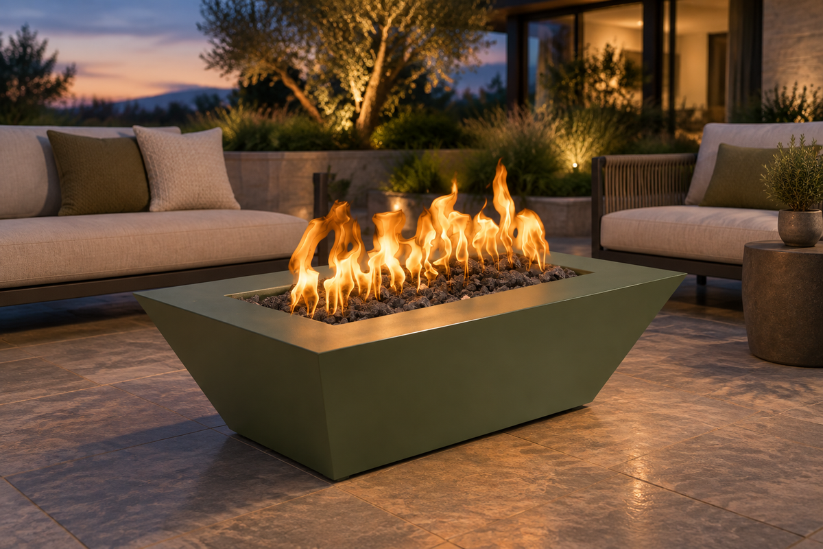 Olive Green Atlantic fire pit on an outdoor terrace