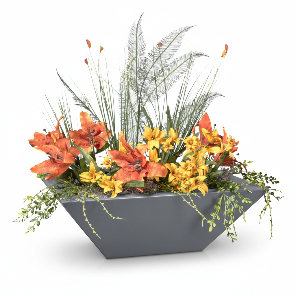 A modern gray geometric planter filled with a dense arrangement of artificial flowers and foliage, including orange lilies, yellow blossoms, green grasses, and silver-leaf fronds, shown on a white background.