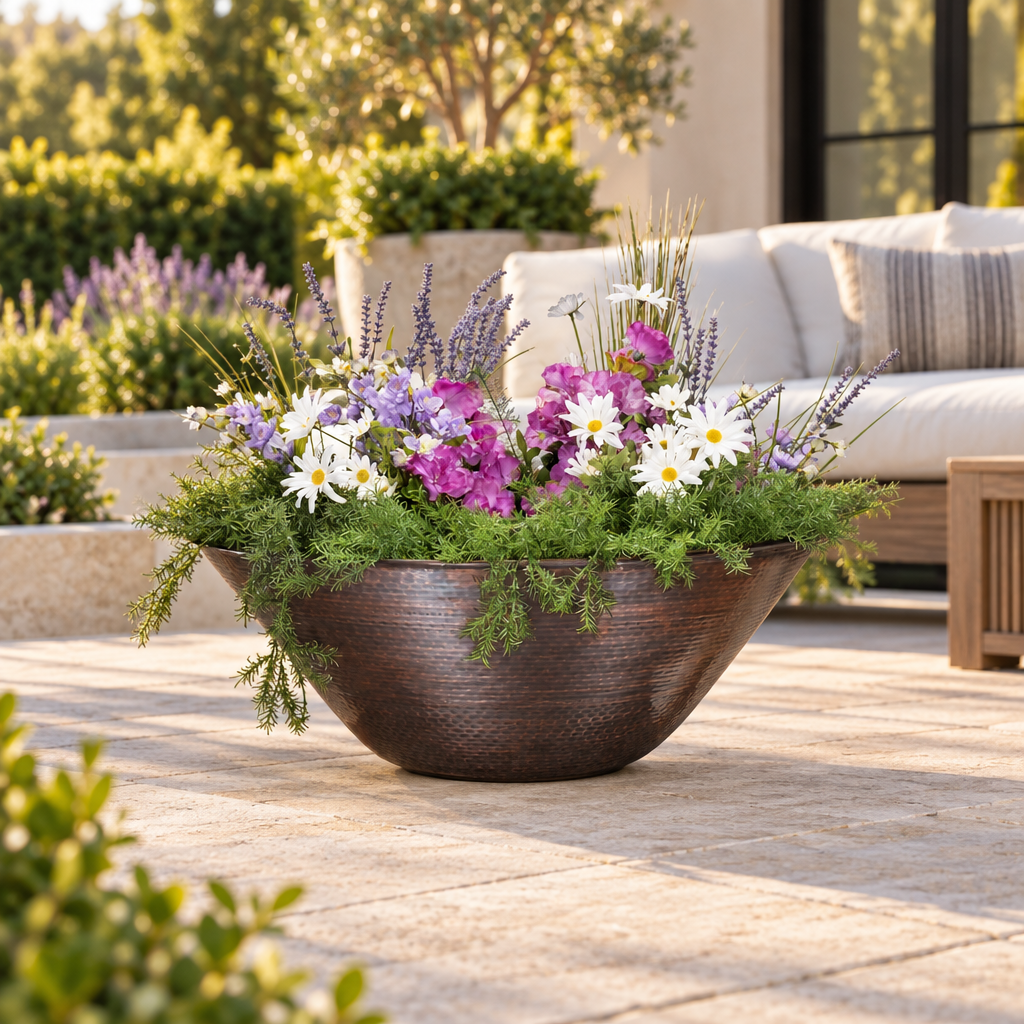 Remi hammered copper planter in a patio lifestyle setting