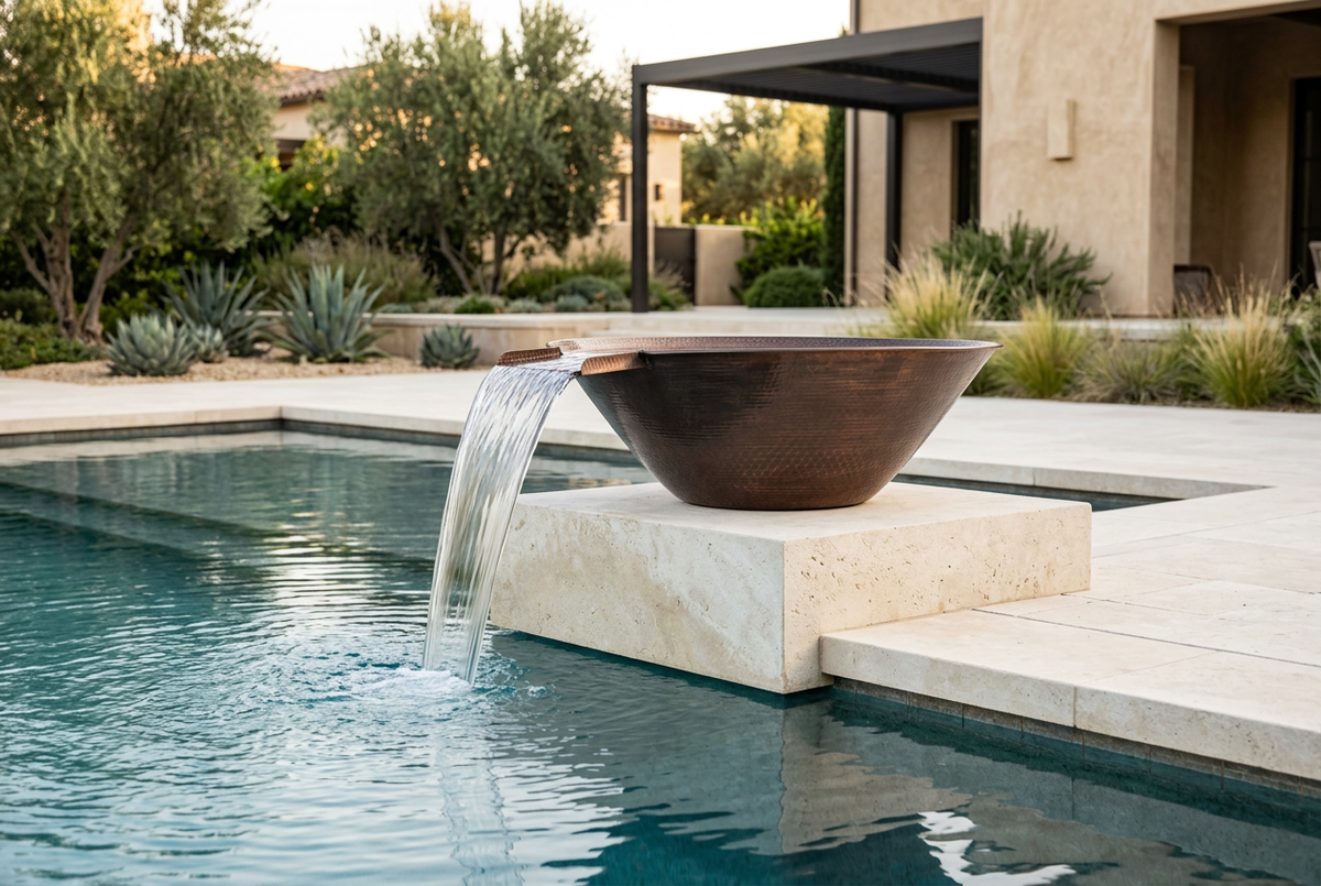 Remi Hammered Copper Water Bowl with a sideways-facing scupper spilling into a pool