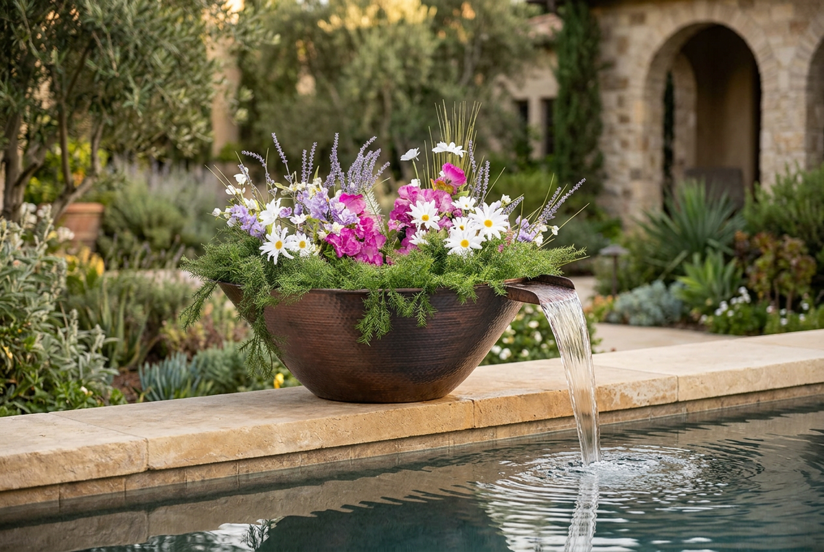 Remi Hammered Patina Copper Planter & Water Bowl in a poolside garden setting