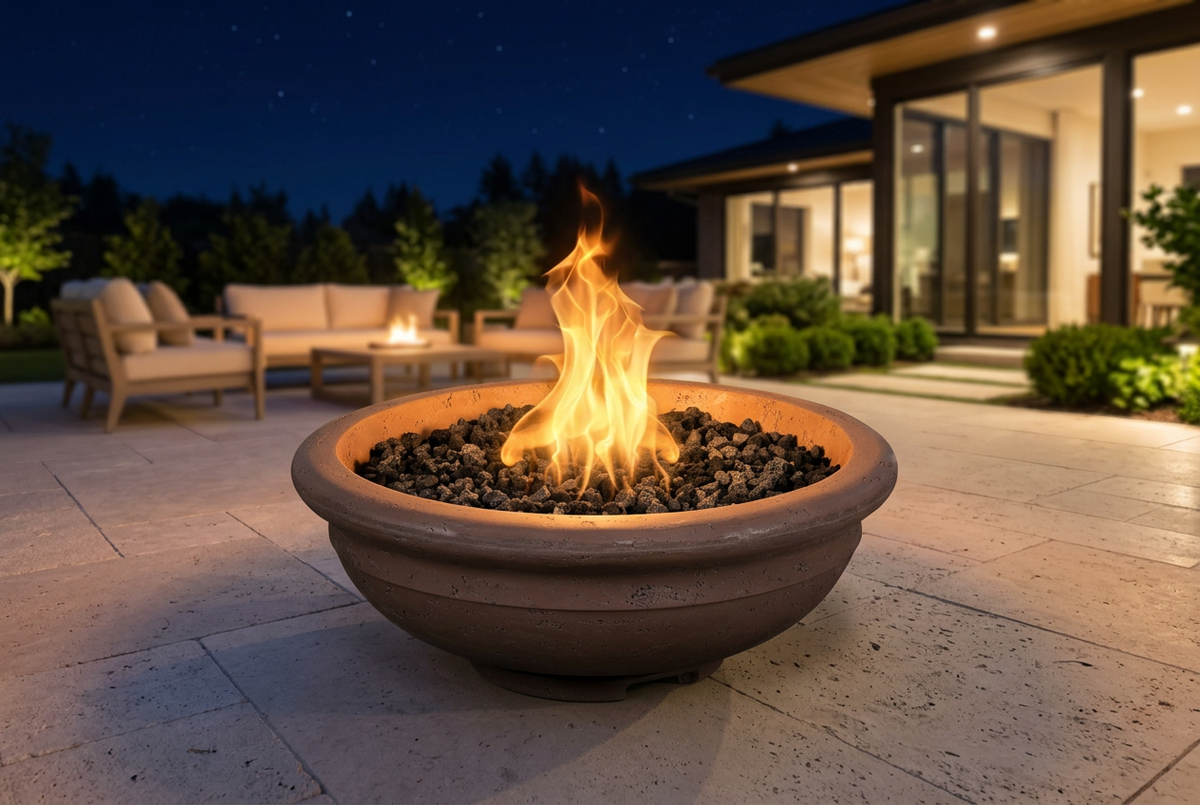 Rodeo Rustic Chestnut Fire Bowl on a patio at night
