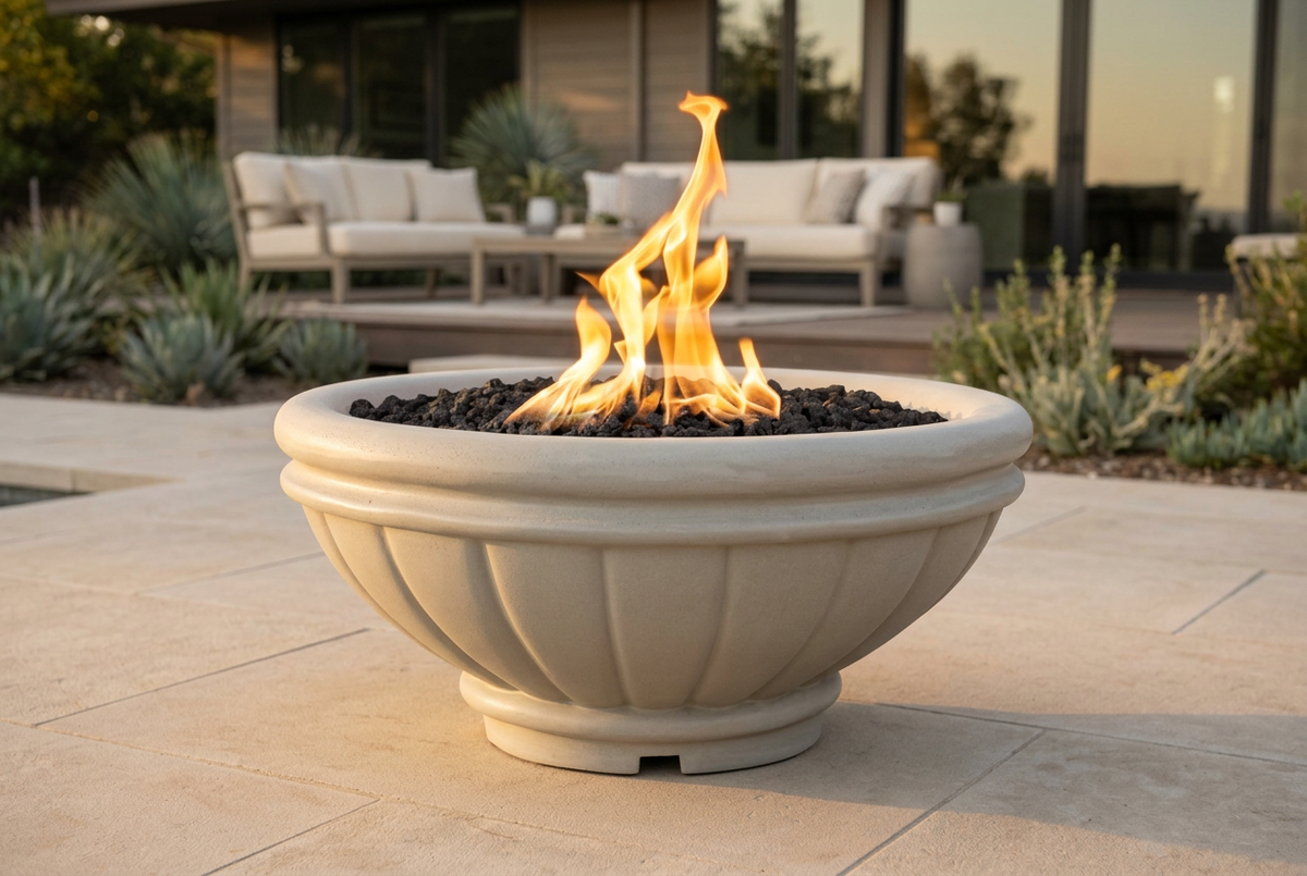 Roma Ash GFRC Fire Bowl on a patio