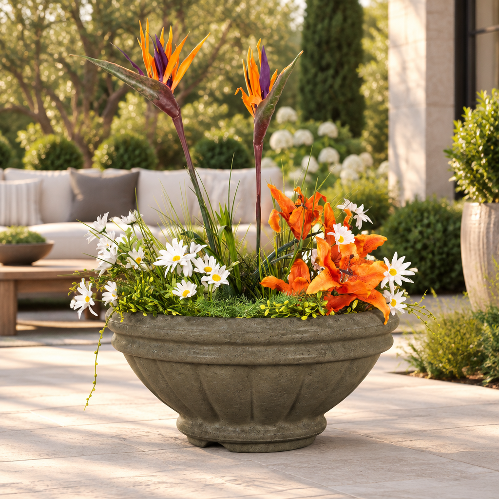 Roma Rustic Moss Stone planter in a garden patio lifestyle setting