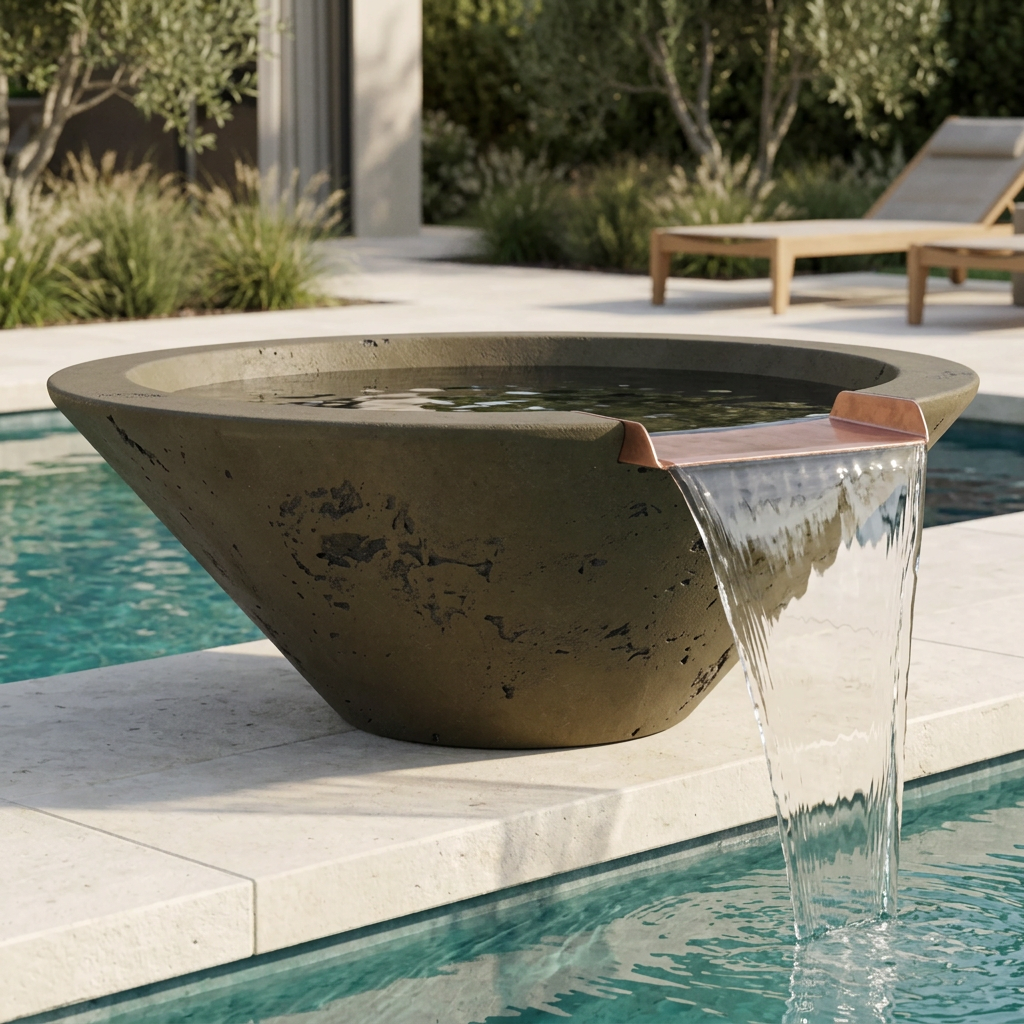 Rustic Moss Stone Cazo GFRC water bowl in a poolside lifestyle setting