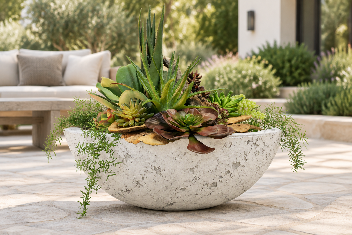 Rustic White Sedona planter bowl in a patio setting