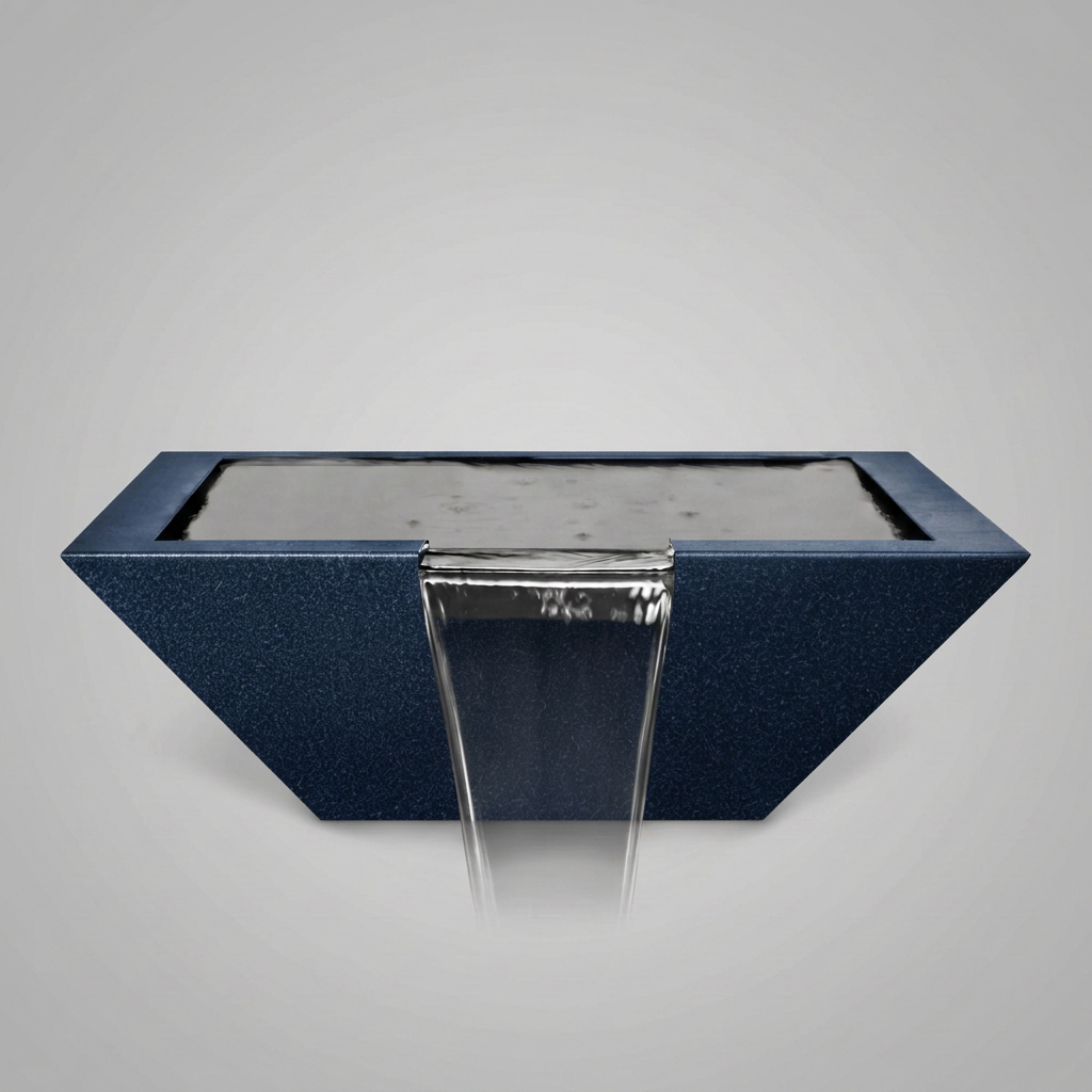 Maya powder-coated water bowl in Sapphire Blue on a soft gray background