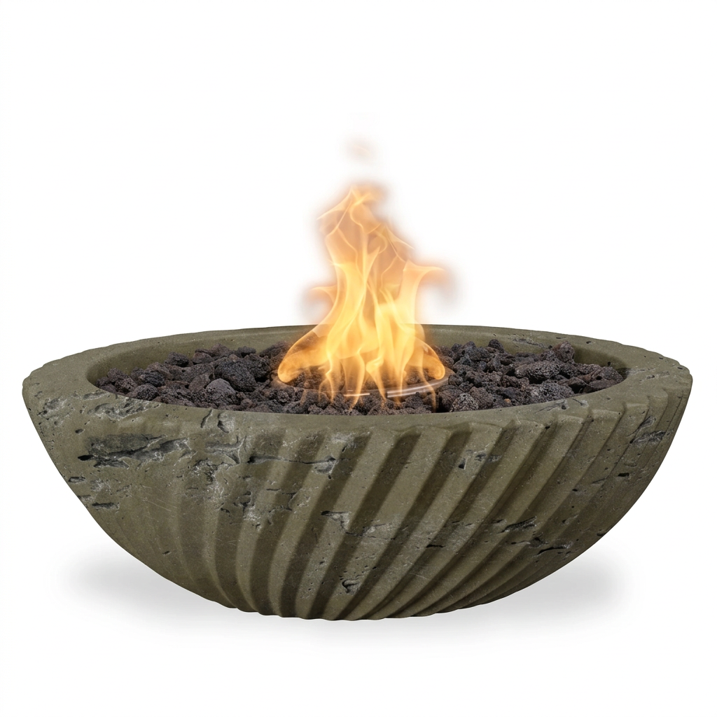 Sedona 2.0 GFRC fire bowl in Rustic Moss Stone
