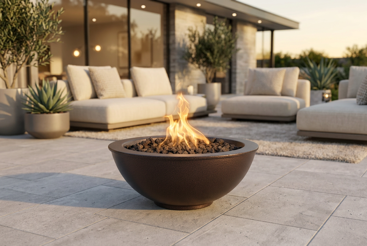 Sedona Copper Vein Fire Bowl on a modern patio